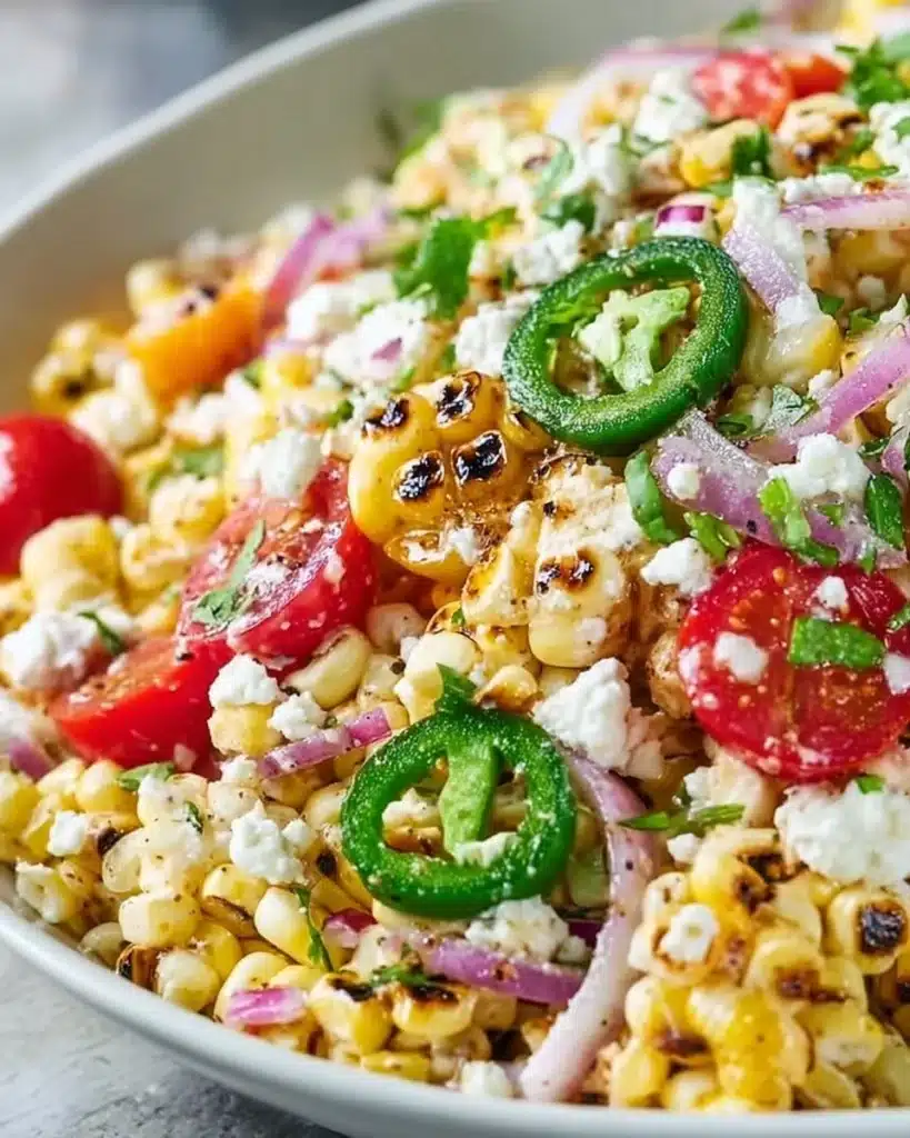 Colorful Mexican corn salad with fresh ingredients and vibrant spices.