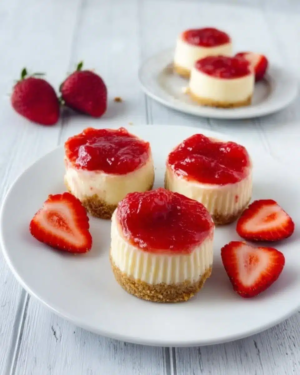 Mini strawberry cheesecakes topped with fresh strawberries on a serving plate