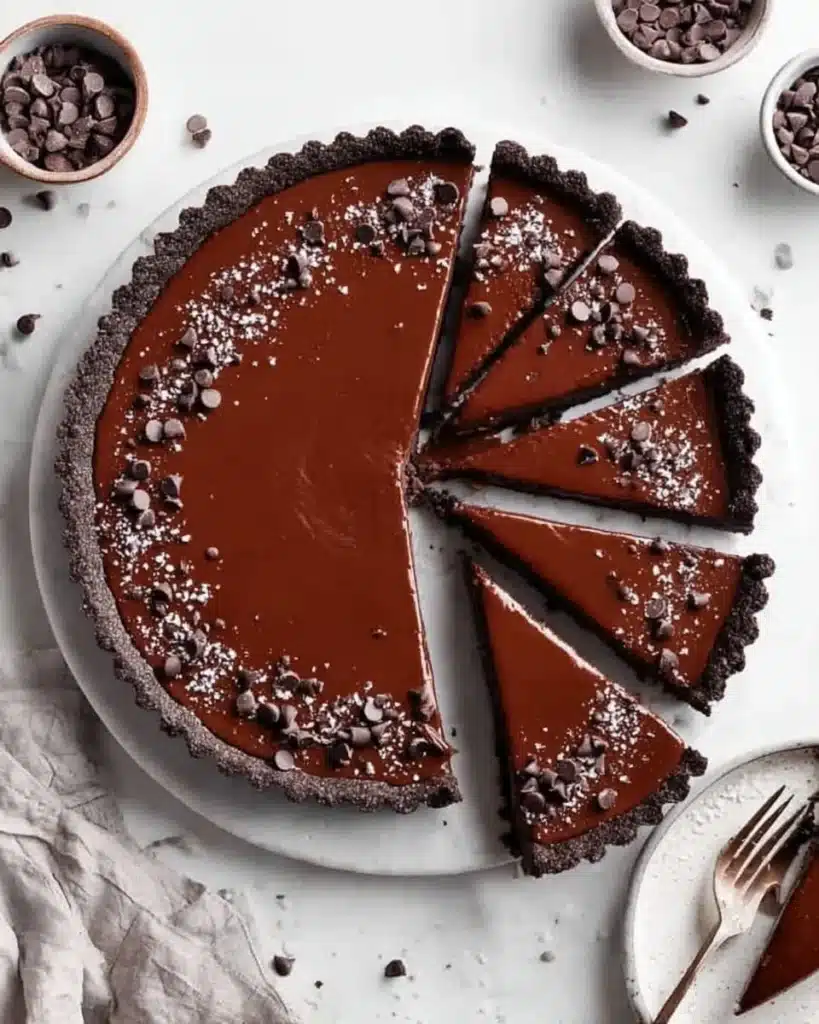No-bake vegan chocolate tart topped with fresh fruits and cacao nibs