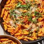 One Pan Creamy Tomato Pasta with fresh herbs and parmesan cheese
