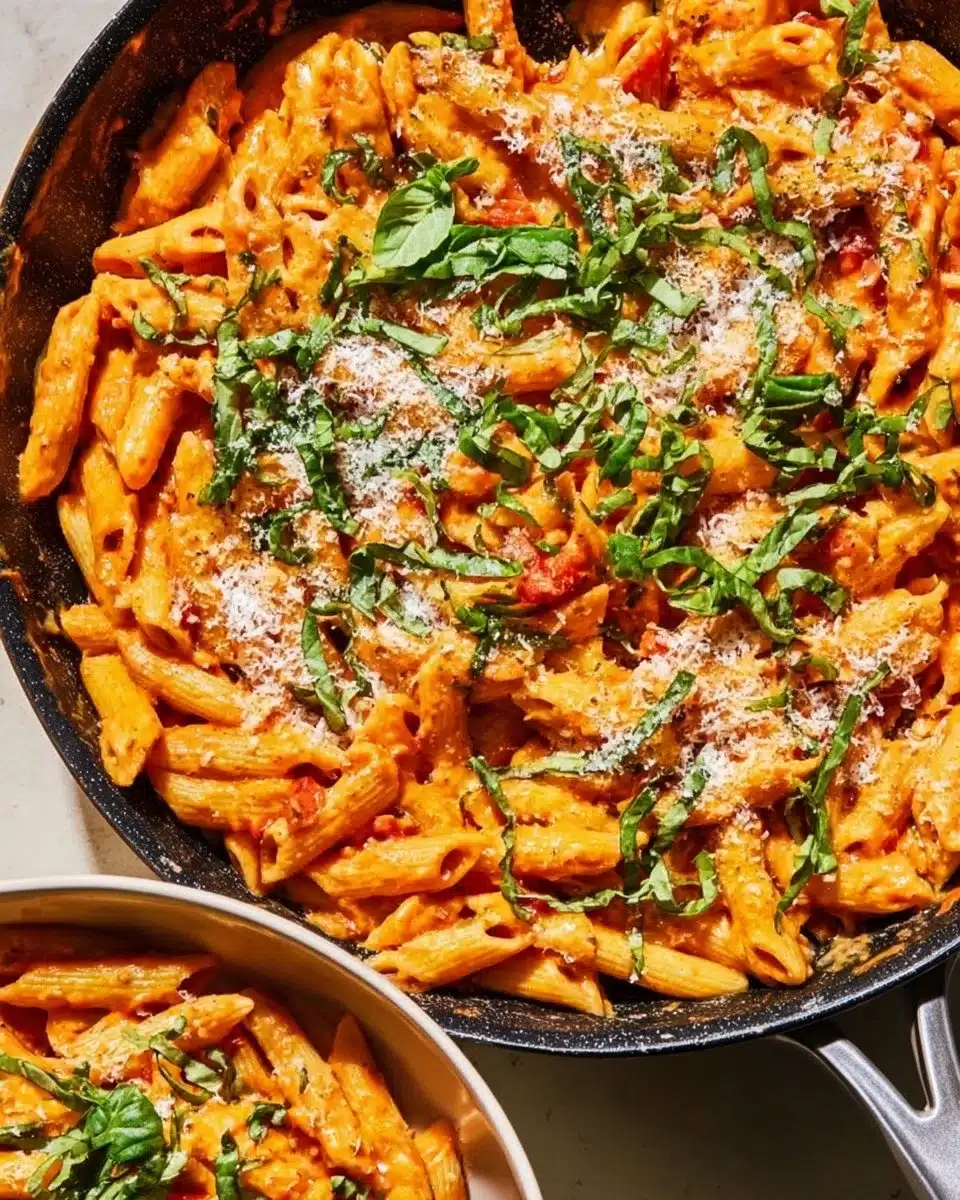 One Pan Creamy Tomato Pasta with fresh herbs and parmesan cheese