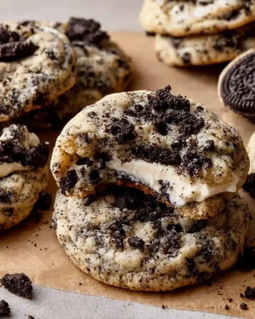 Oreo Cheesecake Cookies with creamy filling and crushed Oreo topping.