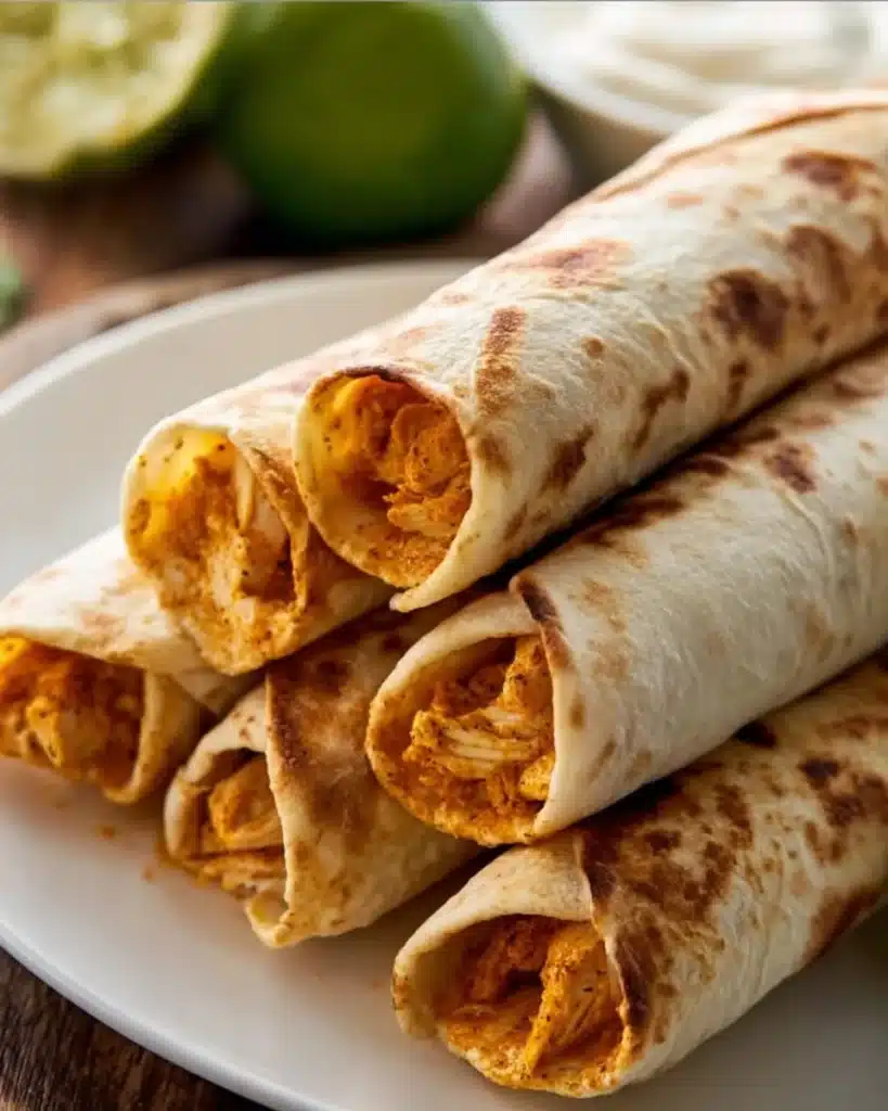 Oven baked chicken taquitos served with salsa and garnished with cilantro