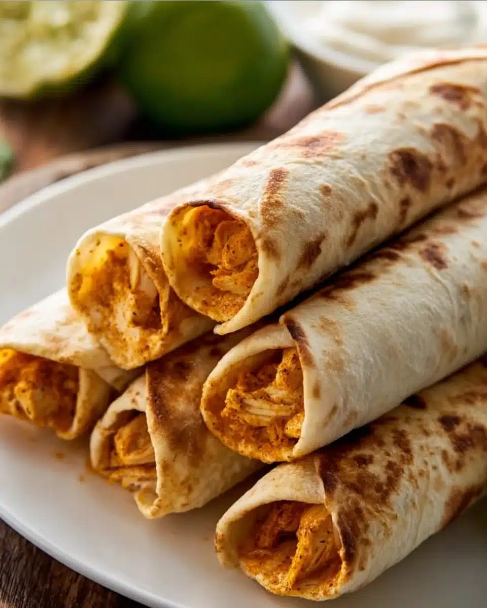 Oven baked chicken taquitos served with salsa and garnished with cilantro