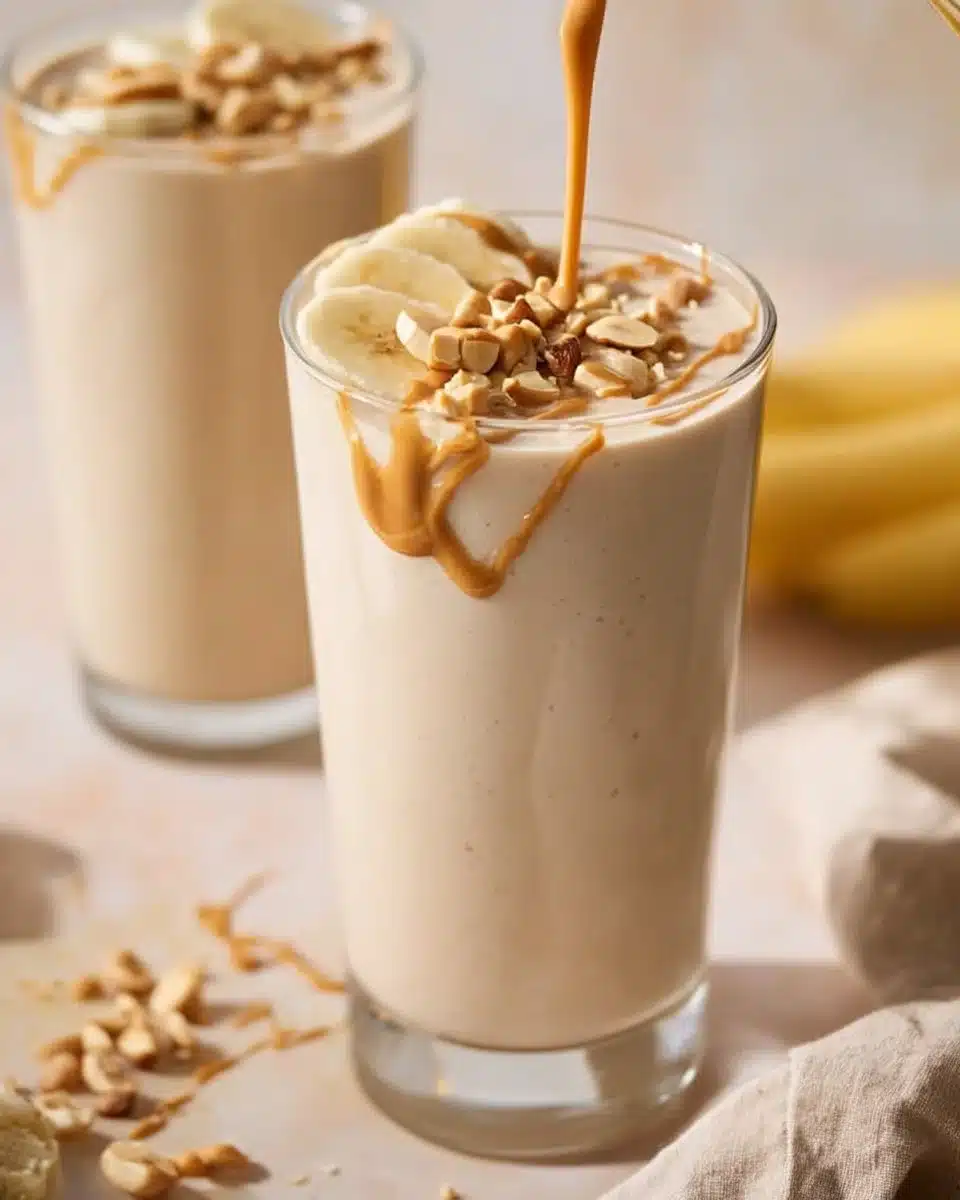 Peanut Butter Banana Smoothie in a glass topped with banana slices and peanuts