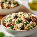 Delicious orzo pasta salad with feta and sun dried tomatoes served in a bowl