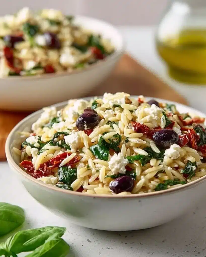 Delicious orzo pasta salad with feta and sun dried tomatoes served in a bowl