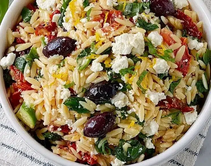 Perfect Orzo Pasta Salad with Feta and Sun Dried Tomatoes