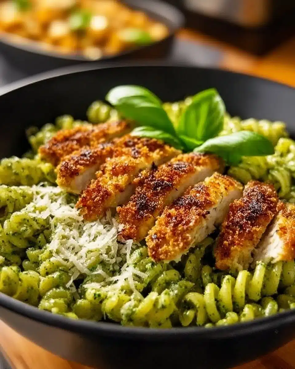 Pesto pasta served with crispy Parmesan chicken on a plate