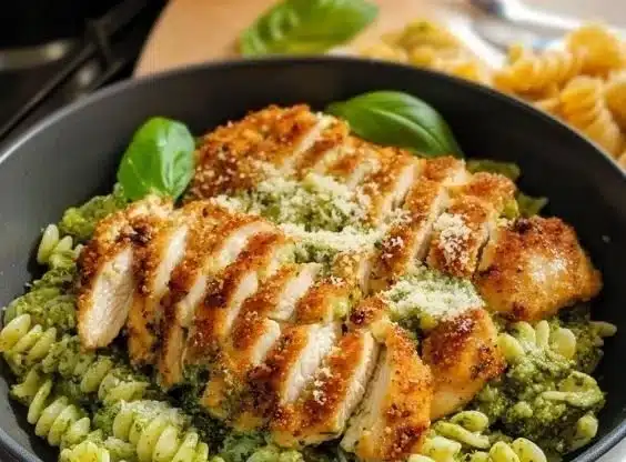 Pesto Pasta with Crispy Parmesan Chicken