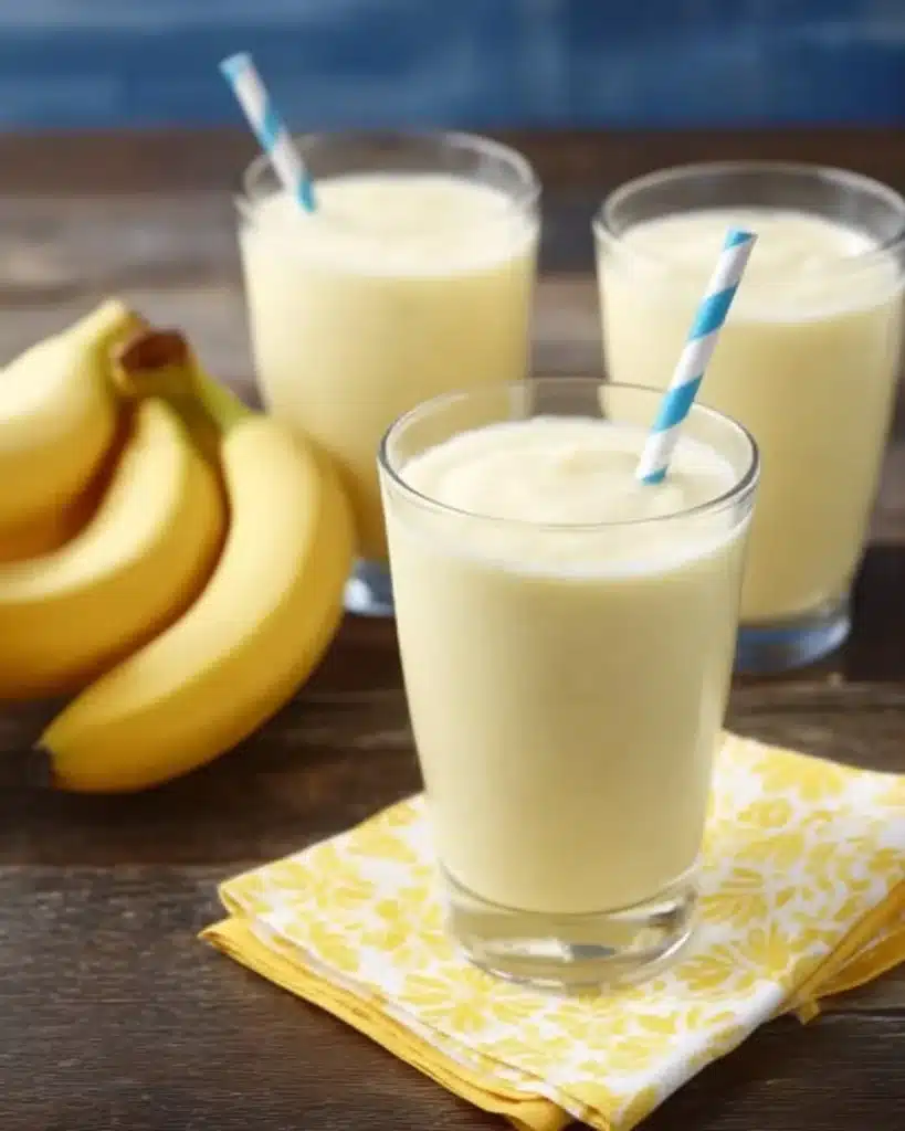 Pineapple, banana, and coconut smoothie served in a glass with tropical fruits
