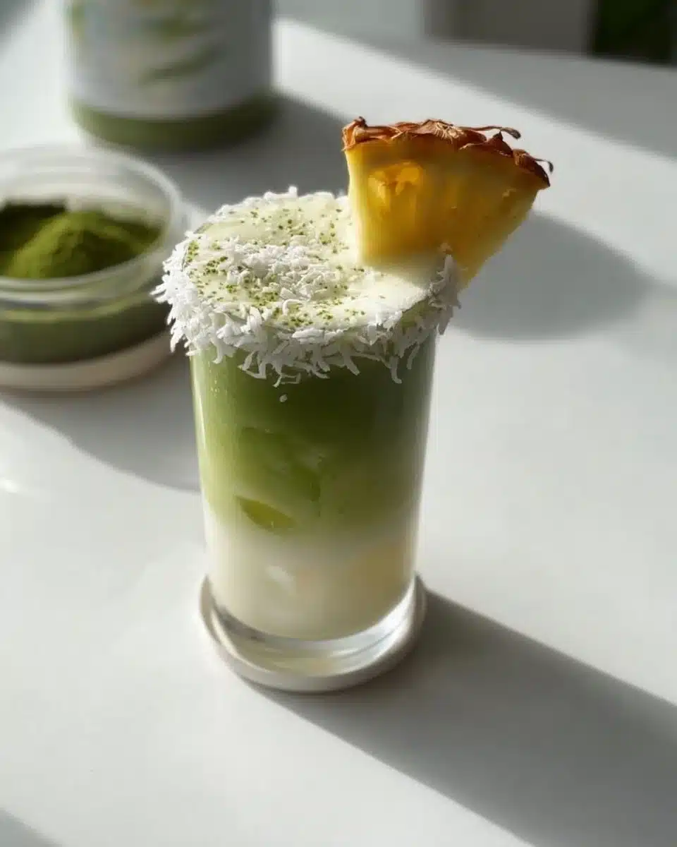 Pineapple Coconut Milk Matcha Latte in a glass with tropical decorations