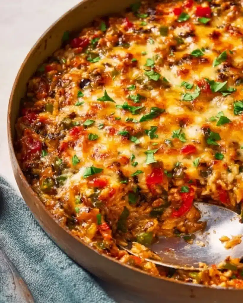 Delicious Pioneer Woman stuffed pepper casserole served in a vibrant dish