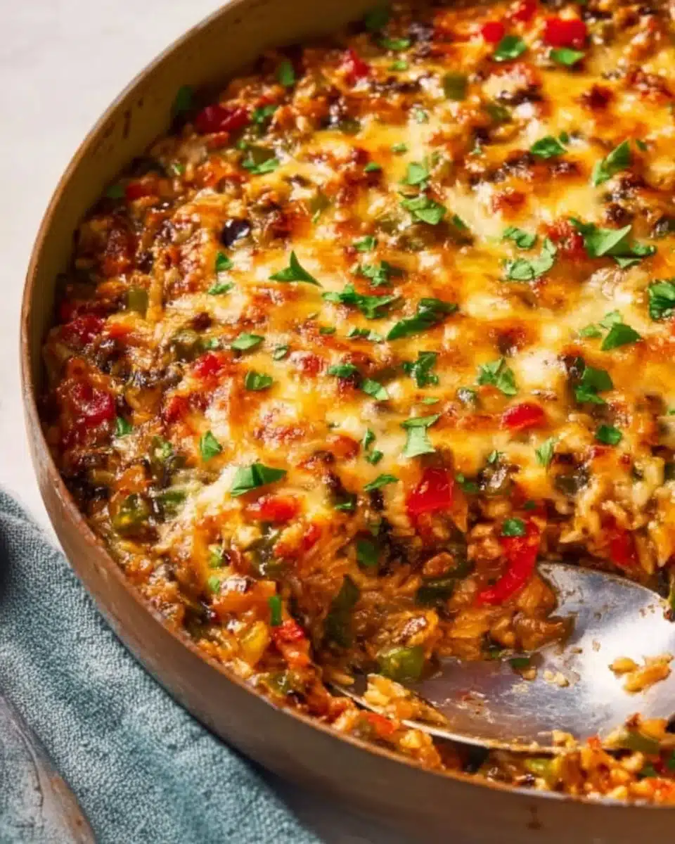 Delicious Pioneer Woman stuffed pepper casserole served in a vibrant dish