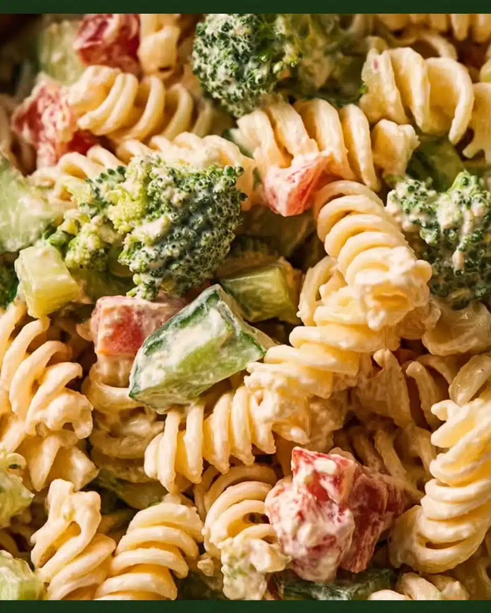Bowl of colorful Ranch Pasta Salad with fresh vegetables and dressing