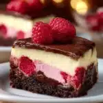 Delicious Raspberry Brownie Cheesecake with fresh raspberries on top.