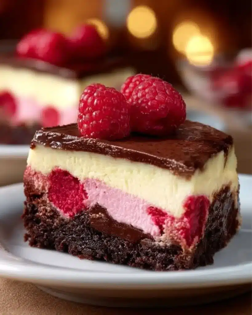 Delicious Raspberry Brownie Cheesecake with fresh raspberries on top.