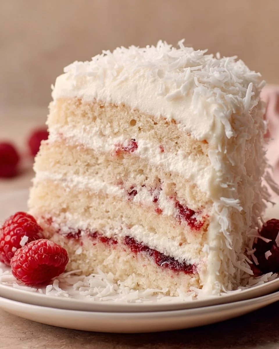 Delicious raspberry layer cake with fresh raspberries and whipped cream topping.