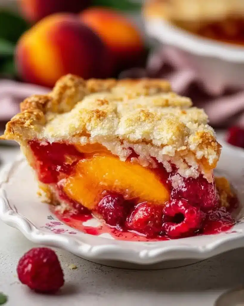 Delicious Raspberry Peach Pie fresh out of the oven with vibrant fruit topping