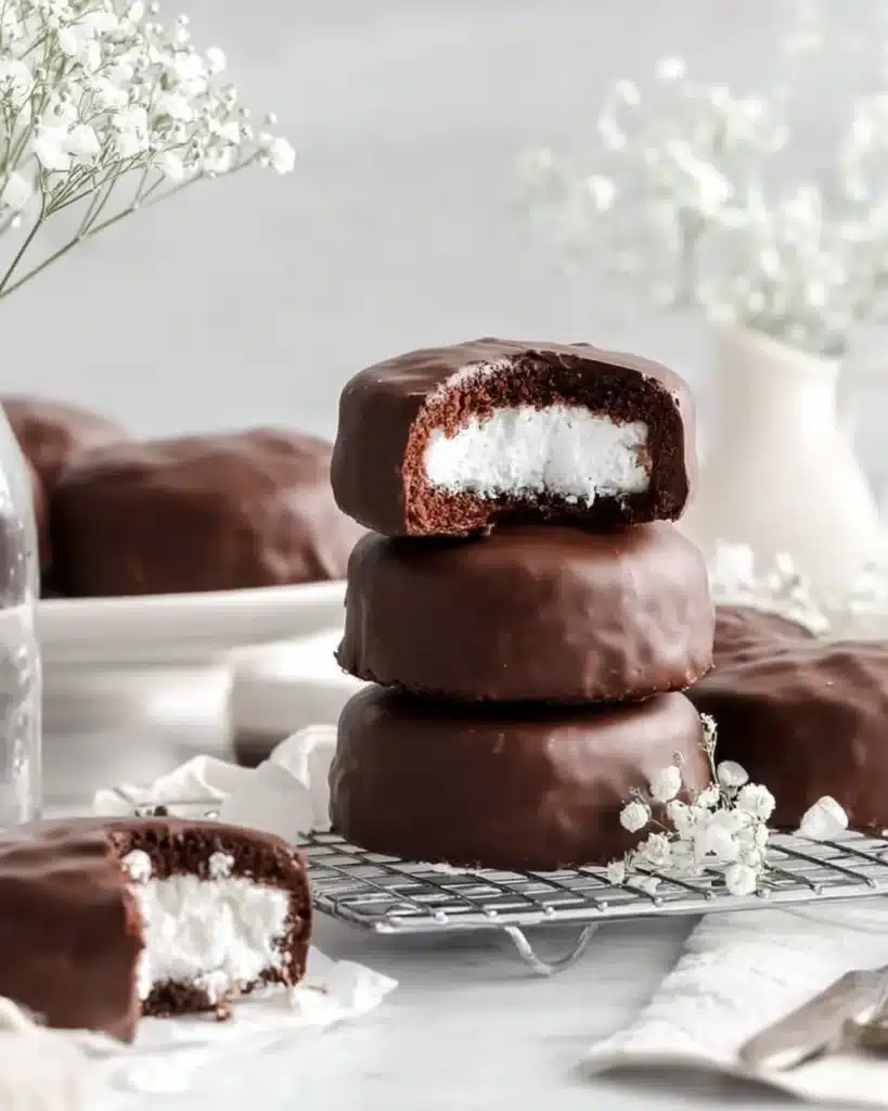 Retro-style mini chocolate cakes with marshmallow filling placed on a vintage plate