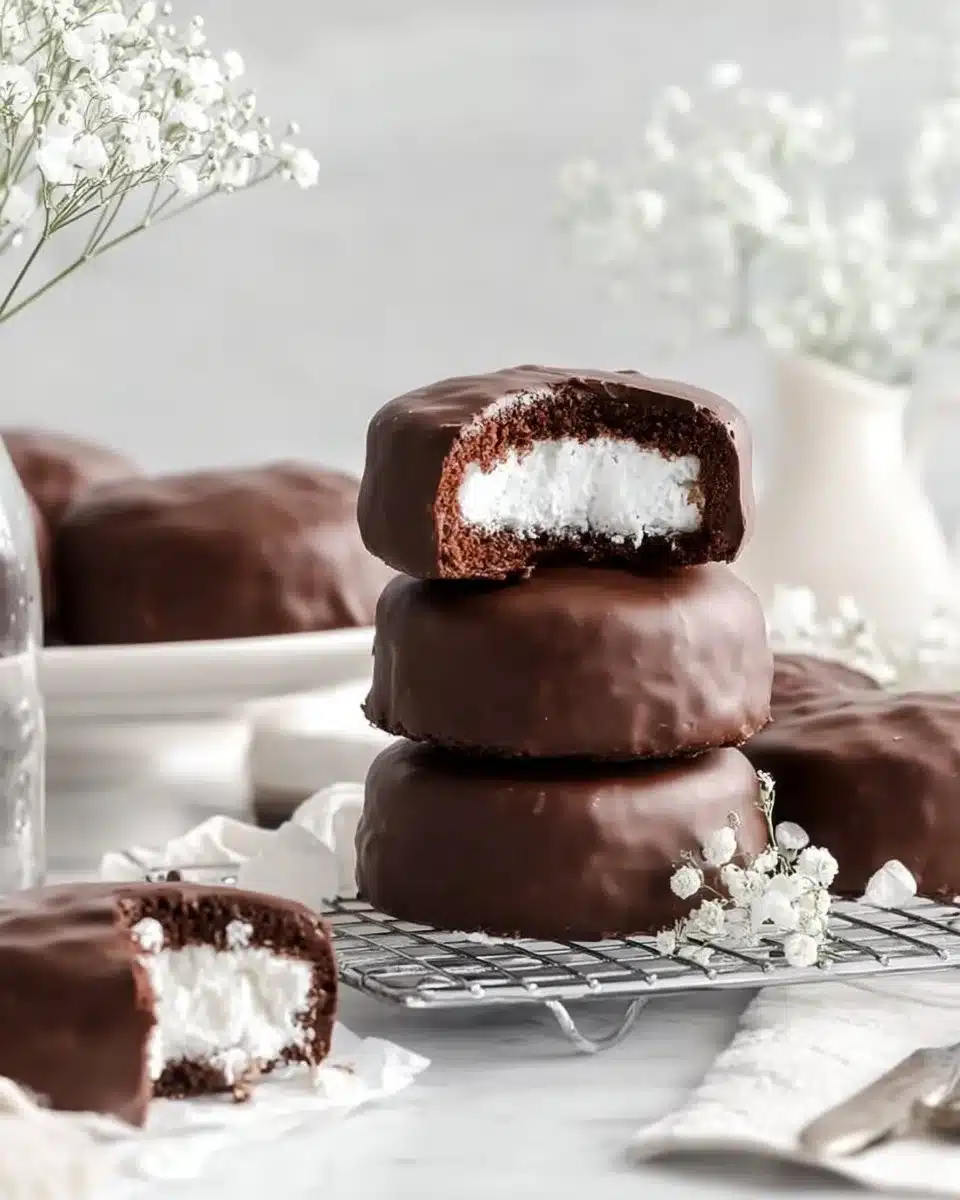Retro-style mini chocolate cakes with marshmallow filling placed on a vintage plate