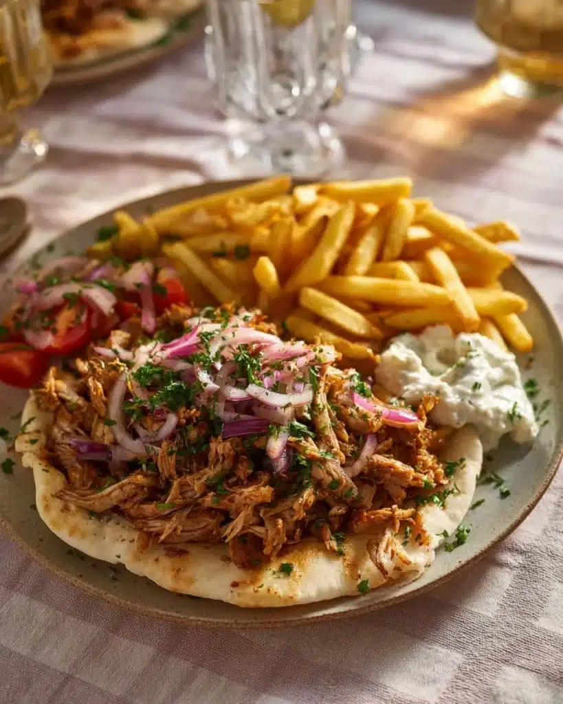 Delicious shawarma-style chicken served with fresh vegetables and sauce.