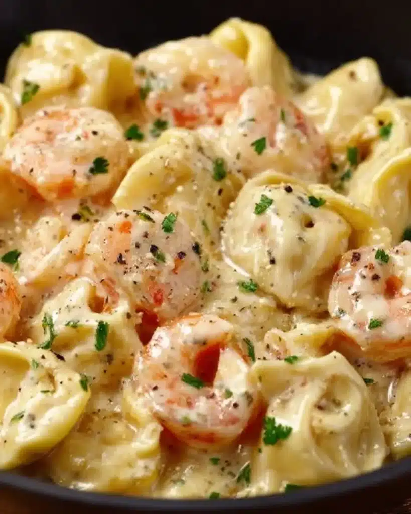 Creamy Shrimp Tortellini Alfredo served in a bowl with herbs