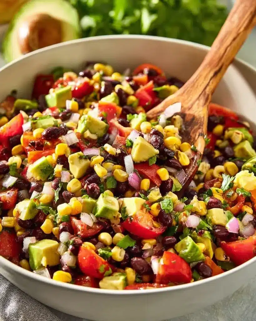 Simple black bean and corn salad served in a bowl with fresh ingredients