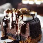 Delicious S'mores Cheesecake topped with chocolate and marshmallows