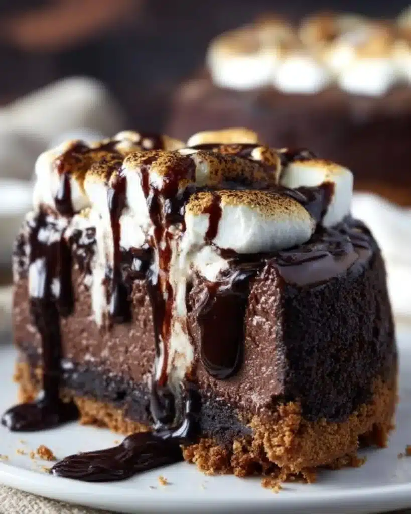 Delicious S'mores Cheesecake topped with chocolate and marshmallows