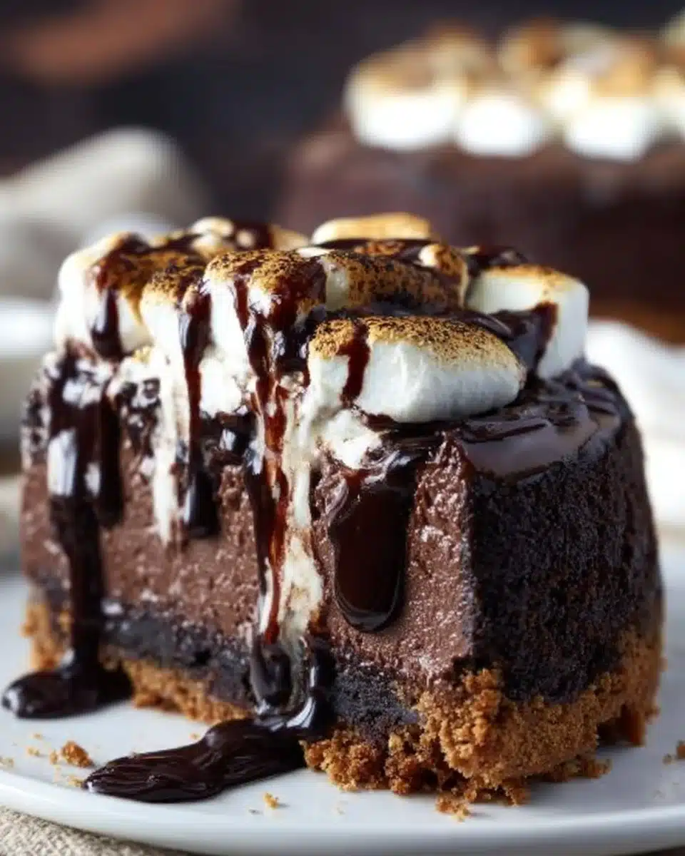 Delicious S'mores Cheesecake topped with chocolate and marshmallows