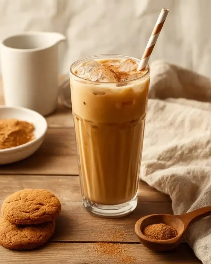 Delicious snickerdoodle iced latte topped with whipped cream and cinnamon.