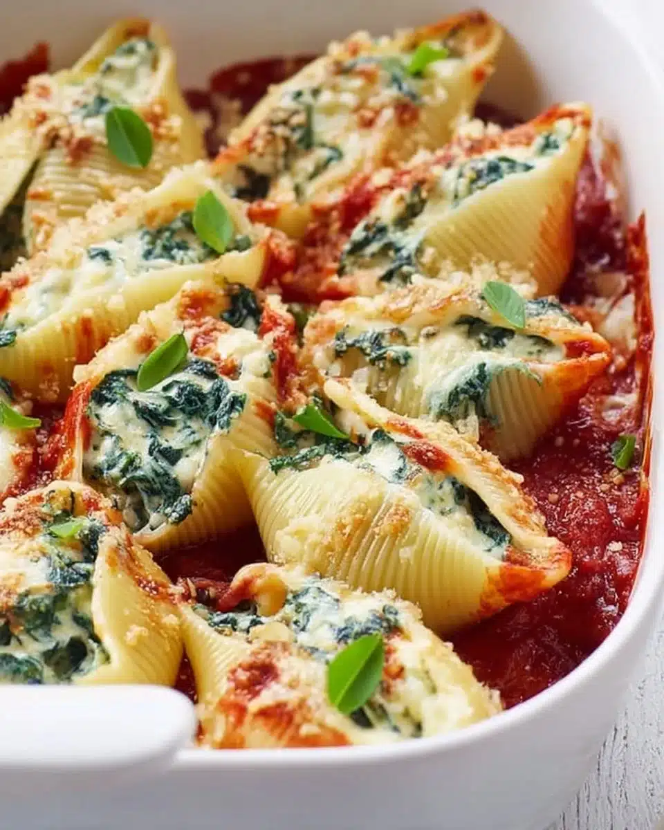 Spinach and Ricotta Stuffed Shells served in a white dish with marinara sauce