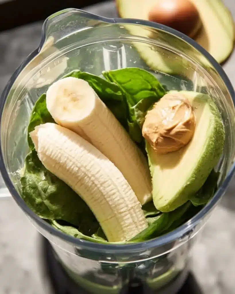 A nutritious spinach avocado smoothie in a glass with green ingredients.