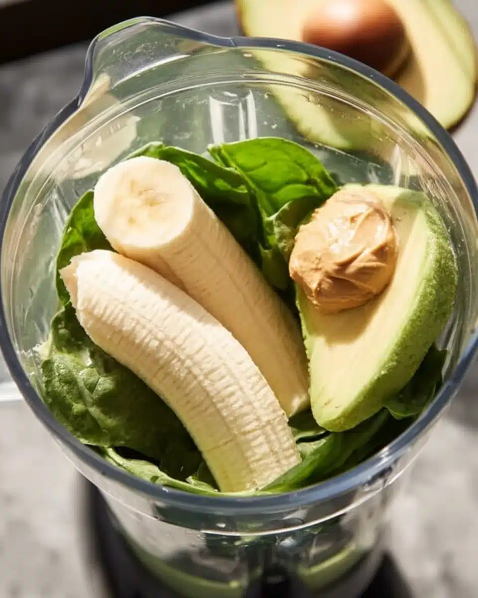 A nutritious spinach avocado smoothie in a glass with green ingredients.