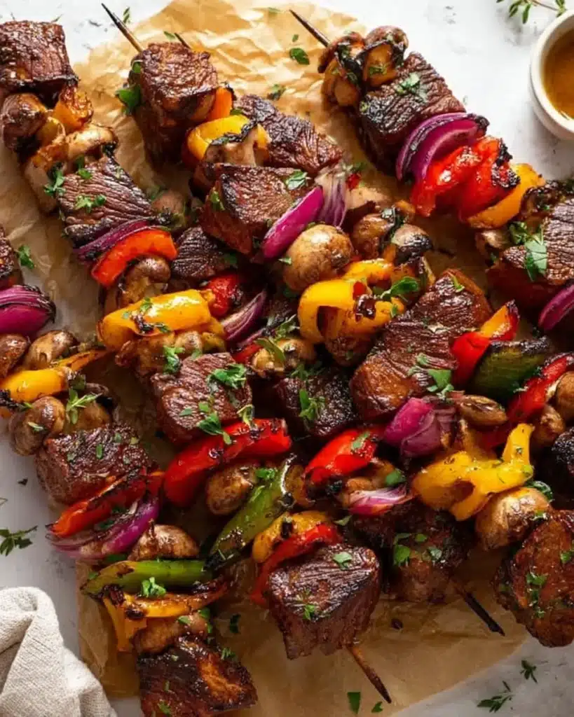 Grilled steak kabobs served with colorful bell peppers and onions on skewers.