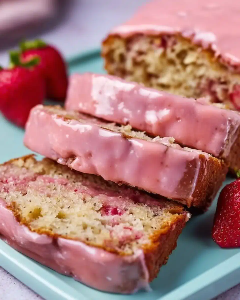 Freshly baked strawberry banana bread loaf with strawberries and bananas