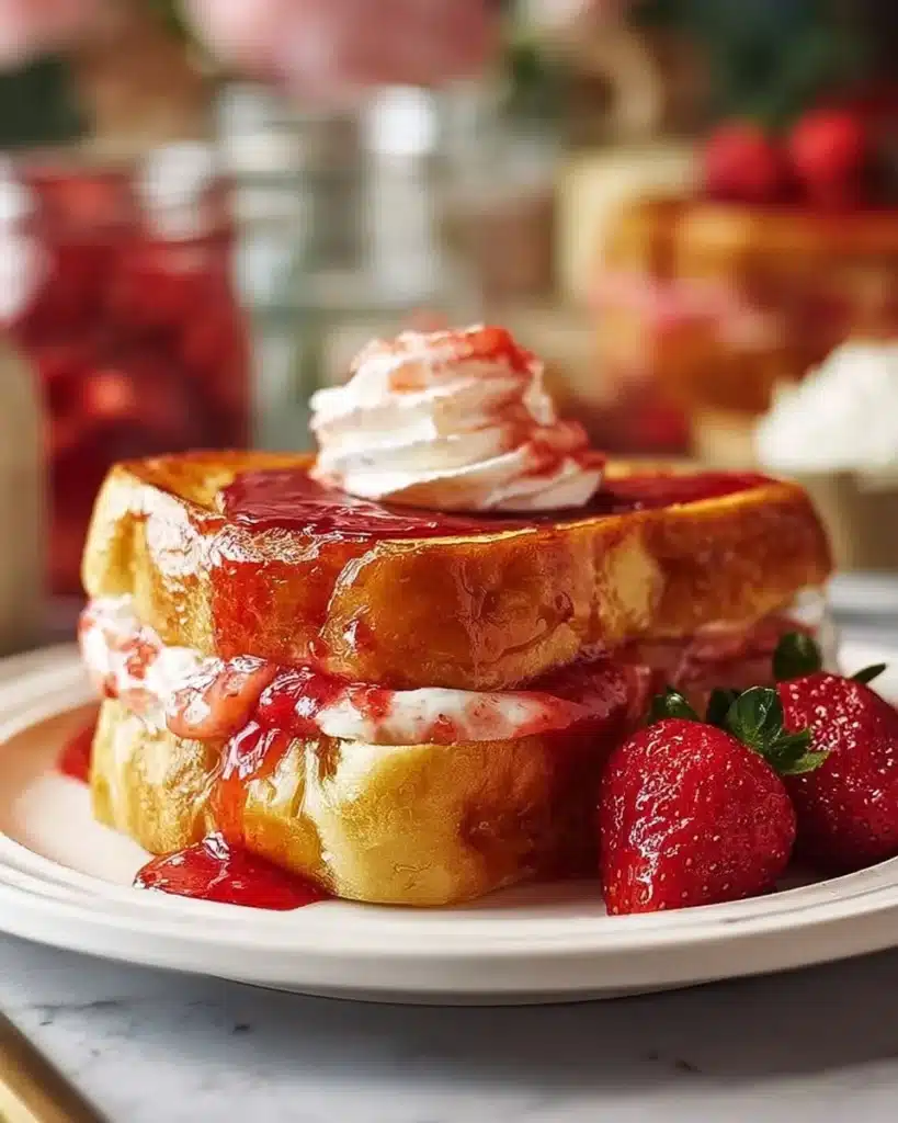 Delicious strawberry cheesecake stuffed French toast served on a plate