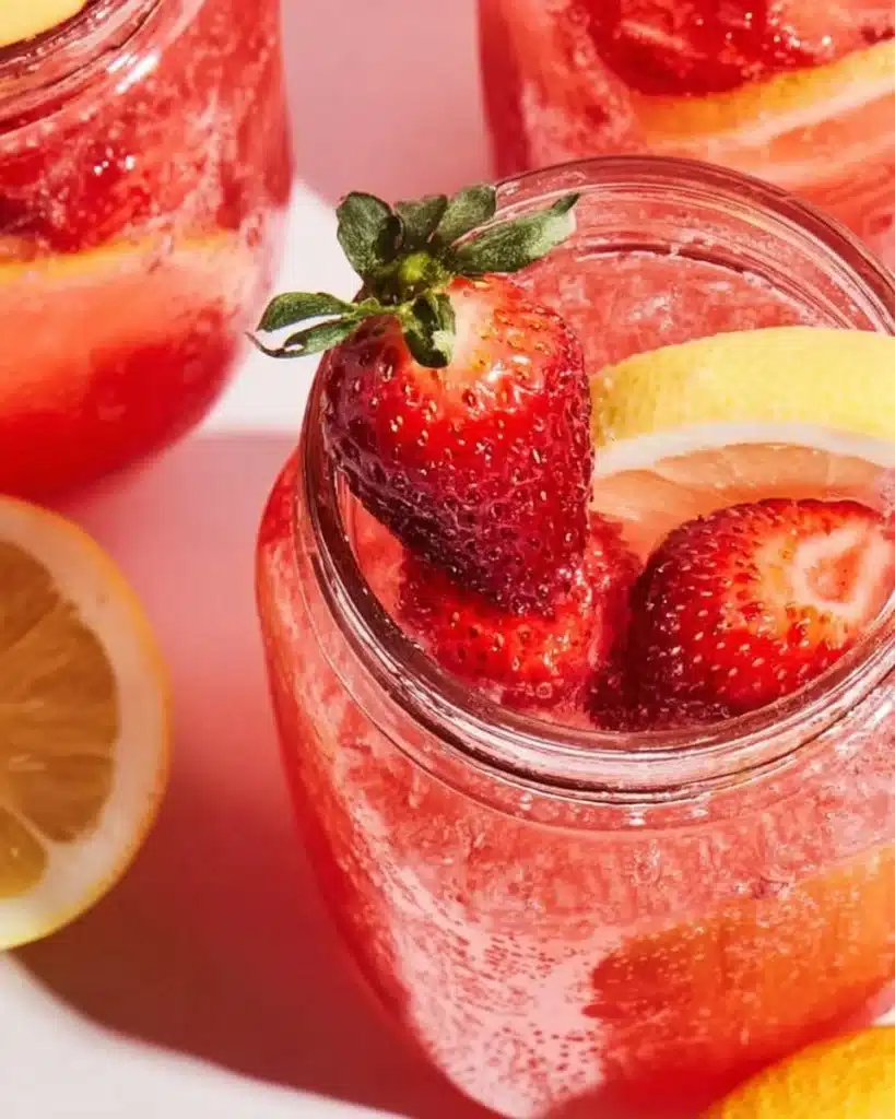 Refreshing glass of strawberry lemonade garnished with fresh strawberries and lemon slices.