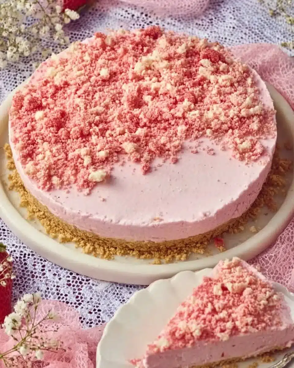 Delicious Strawberry Shortcake Freezer Pie topped with fresh strawberries