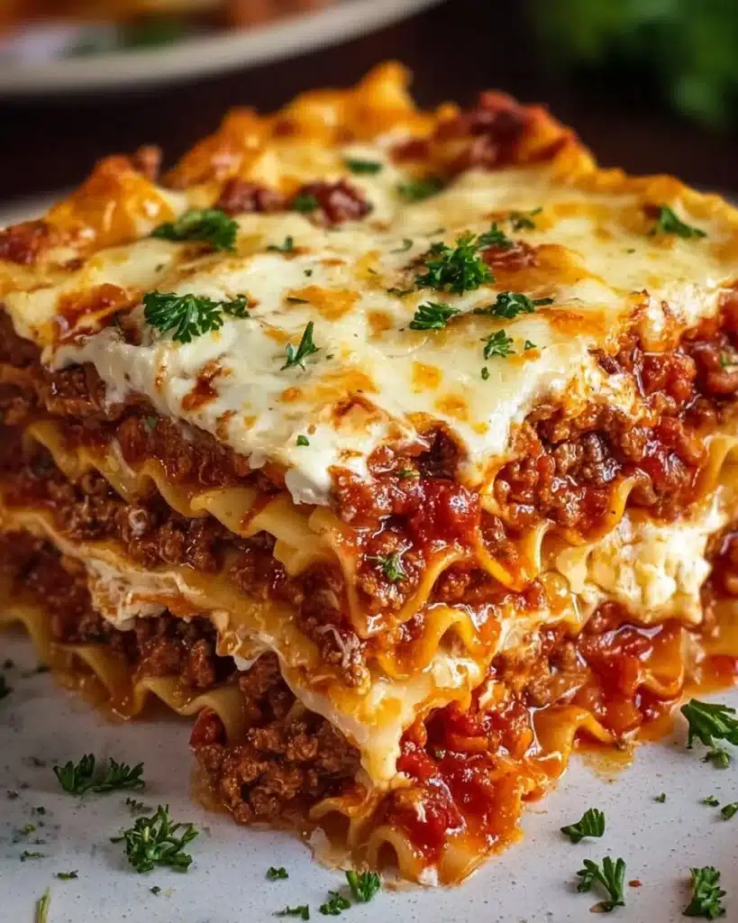 Delicious homemade lasagna with layers of cheese, meat, and sauce