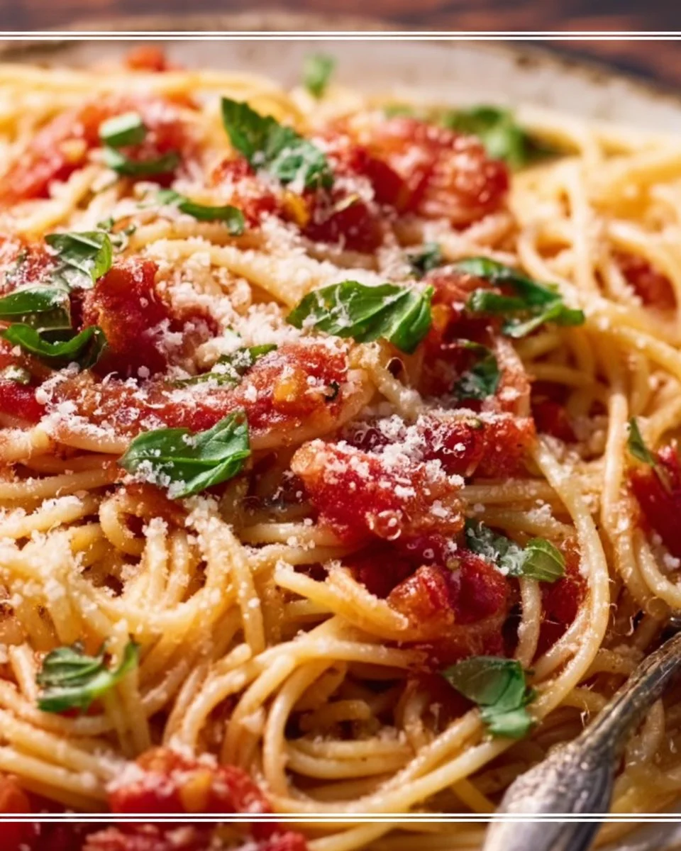 Plate of Tomato Basil Pasta with fresh tomatoes and basil leaves