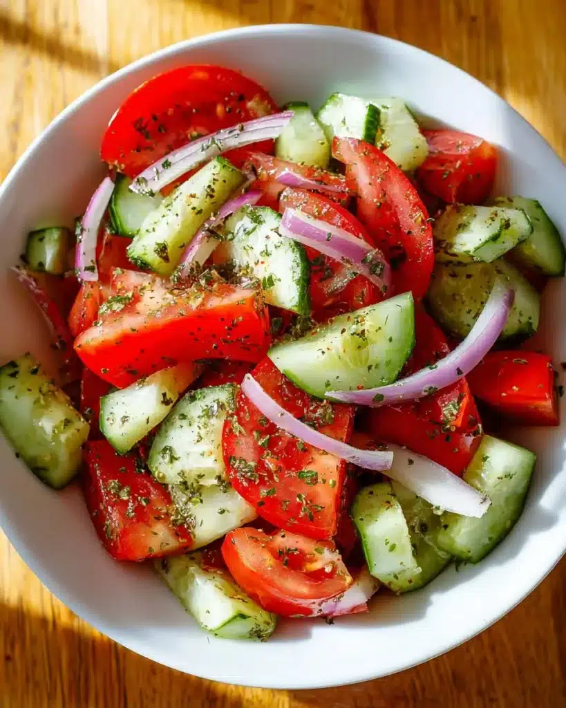 Delicious tomato cucumber salad with fresh ingredients in a bowl