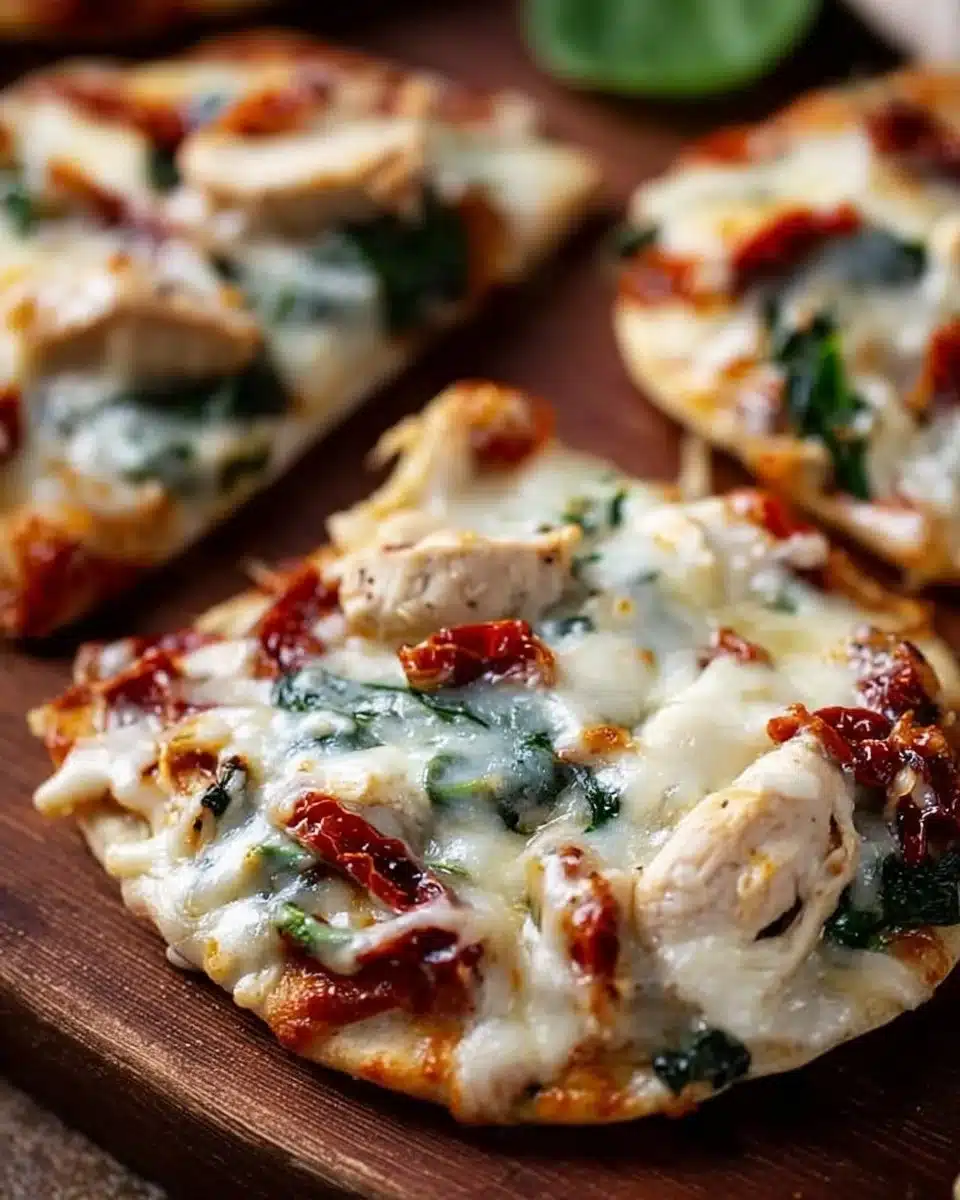 Tuscan Garlic Chicken Pita Pizzas topped with fresh herbs and melted cheese