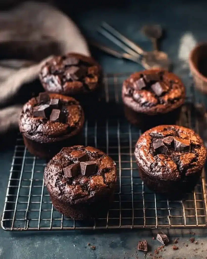 Delicious ultimate brownie muffins topped with chocolate chips