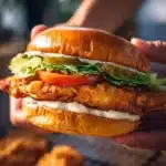 Delicious ultimate crispy chicken sandwich with golden crust and fresh toppings