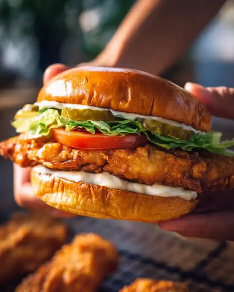 Delicious ultimate crispy chicken sandwich with golden crust and fresh toppings