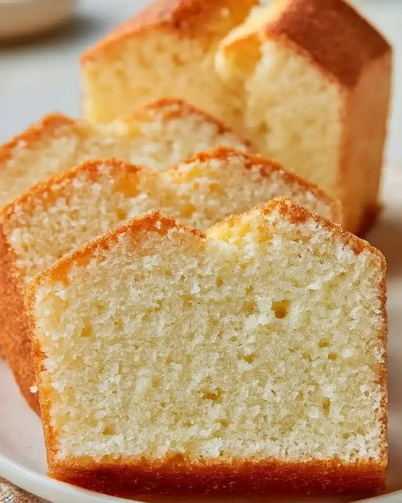 Slice of homemade vanilla pound cake on a plate with fresh berries
