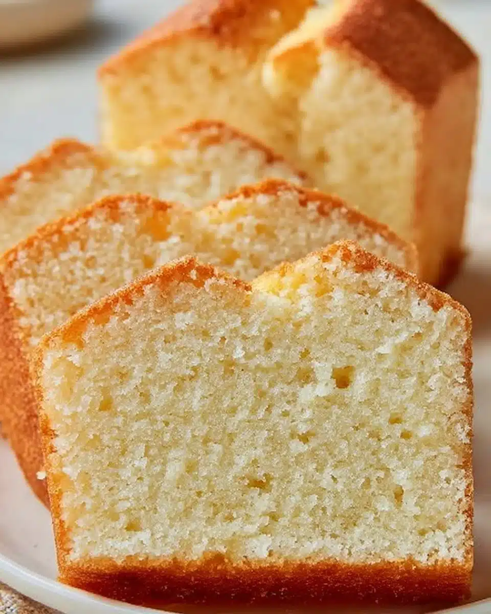 Slice of homemade vanilla pound cake on a plate with fresh berries