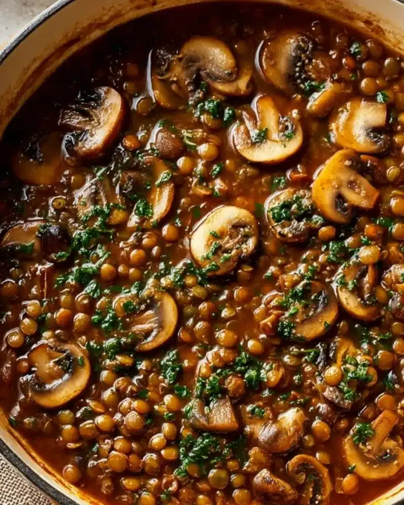 Bowl of vegan lentil mushroom stew garnished with herbs